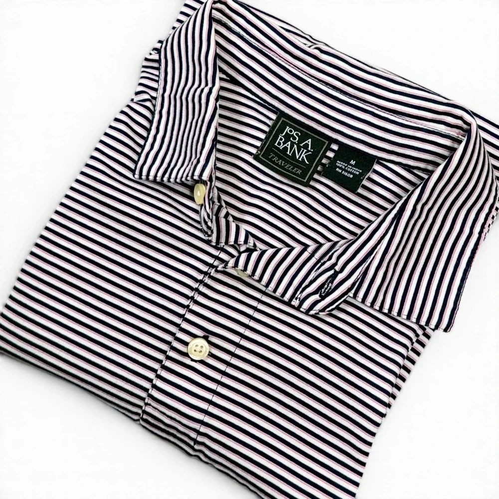 JOS A Bank Traveler Polo Shirt Mens M Navy White Pink Preppy Microstripe Cotton - Picture 5 of 7